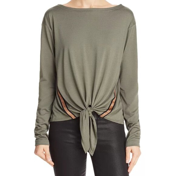 Honey Punch Front Tie BoatNeck Drop Shoulders Long Sleeves Metallic Stripes S - Picture 1 of 16